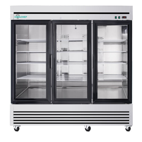 CC 72" Cu Ft Three Glass Door Commercial Reach-In Display Refrigerator, Triple-Door Merchandiser Cooler 33–41°F, Stainless Steel, R290, ETL DOE