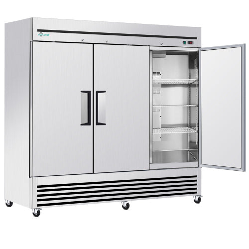 CC 72" Cu Ft Commercial Reach-In Refrigerator, 3 Solid Door Stainless Steel Upright Cooler, 33–40°F Digital Thermostat, 9 Shelves, R290, 110V