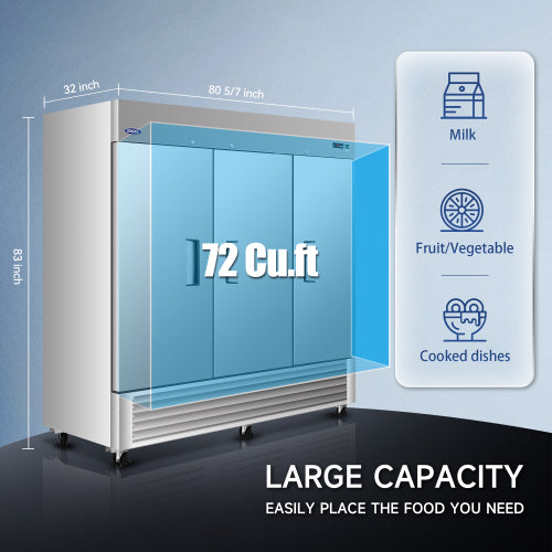 81" Commercial Refrigerator 72 Cu.ft with 3Solid Door Reach-In Refrigerators Stainless Steel ETL Approved Upright Fridge Storage