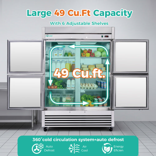 CC 54" Commercial Refrigerator 49 Cu.Ft, Stainless Steel 4-Door Reach-in Fridge, 32–37℉, Air Cooling, LED Light, 6 Shelves, R290, ETL
