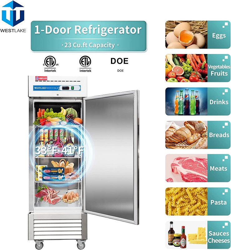 WESTLAKE Commercial Refrigerator 27" 1-Door 23 Cu.ft Stainless Steel | R290 NSF Energy Star Reach-In for Restaurant