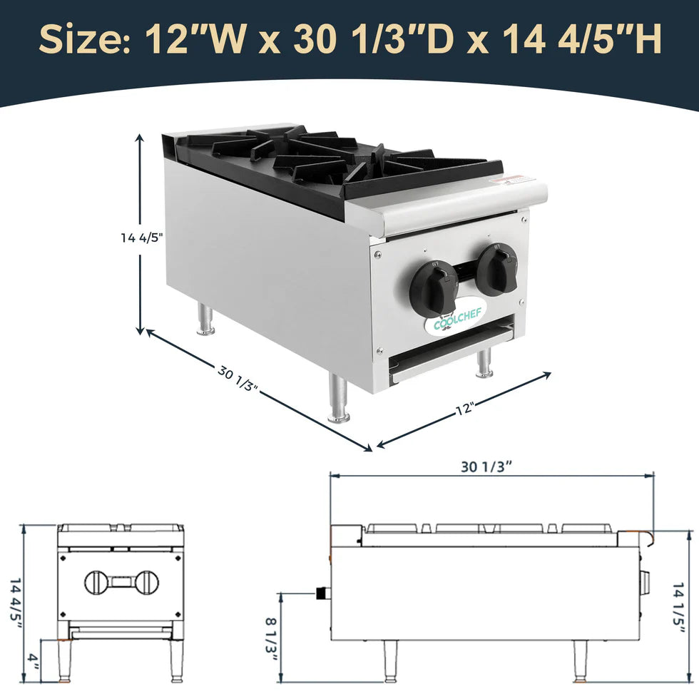 12" 2-Burner Commercial Countertop Gas Hot Plate, 50,000 BTU