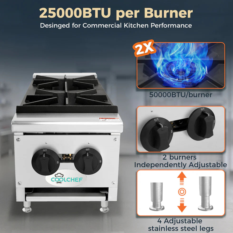 12" 2-Burner Commercial Countertop Gas Hot Plate, 50,000 BTU