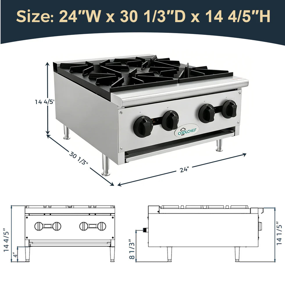 24" 4-Burner Commercial Countertop Gas Hot Plate, 100,000 BTU
