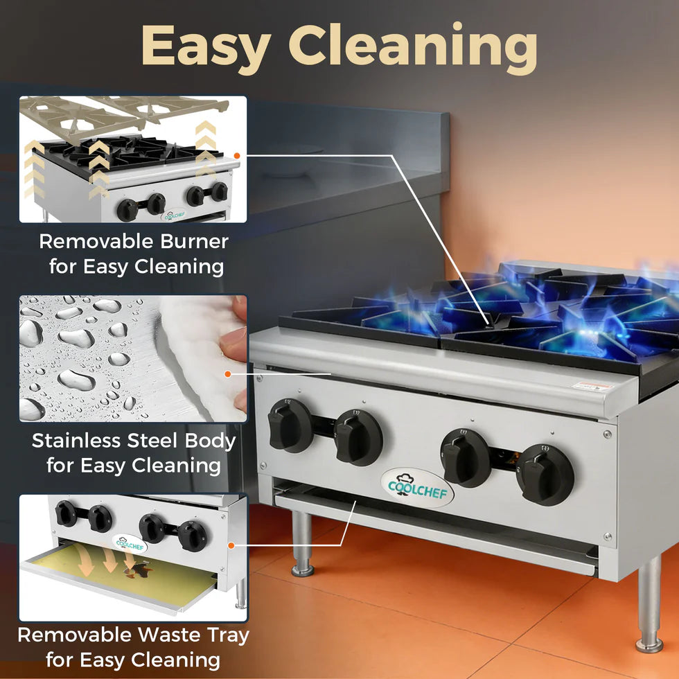 24" 4-Burner Commercial Countertop Gas Hot Plate, 100,000 BTU
