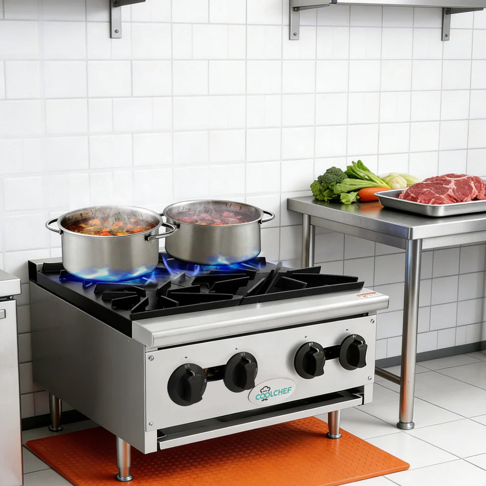 24" 4-Burner Commercial Countertop Gas Hot Plate, 100,000 BTU