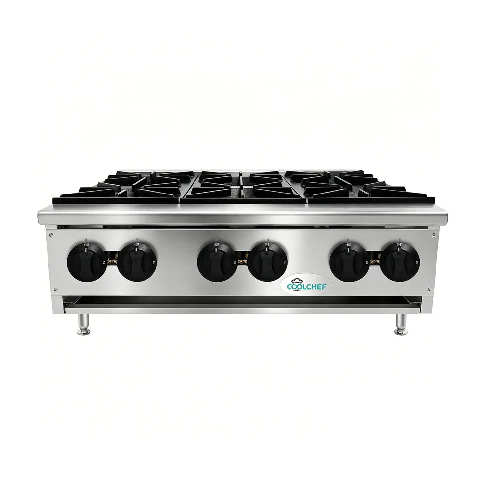 36" 6-Burner Commercial Countertop Gas Hot Plate, 150,000 BTU