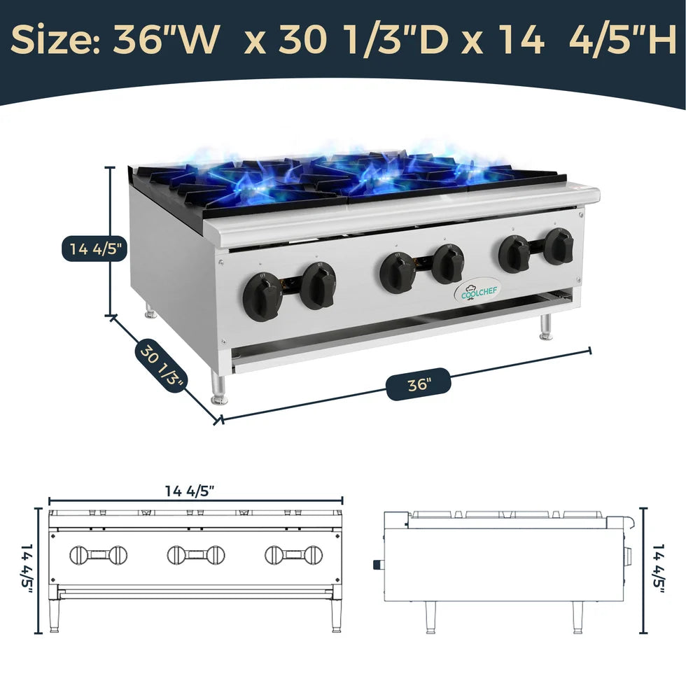 36" 6-Burner Commercial Countertop Gas Hot Plate, 150,000 BTU