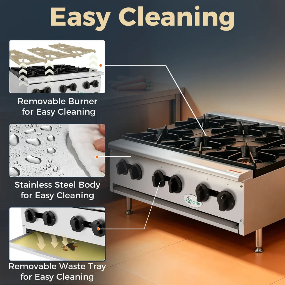 36" 6-Burner Commercial Countertop Gas Hot Plate, 150,000 BTU