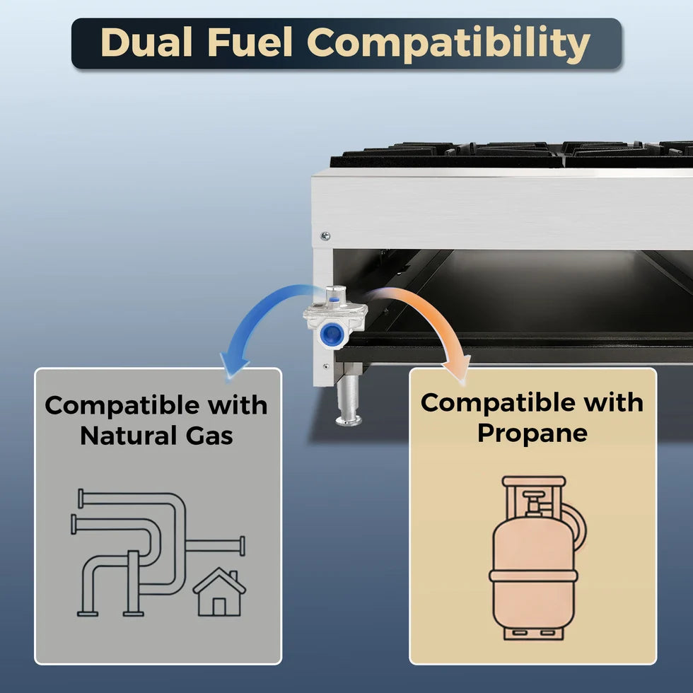36" 6-Burner Commercial Countertop Gas Hot Plate, 150,000 BTU